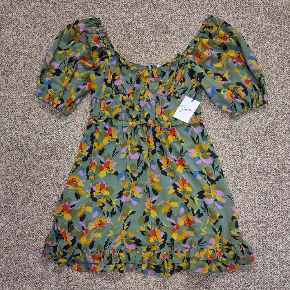 Japna Green Floral Puff Sleeve Mini Dress NWT Size Small